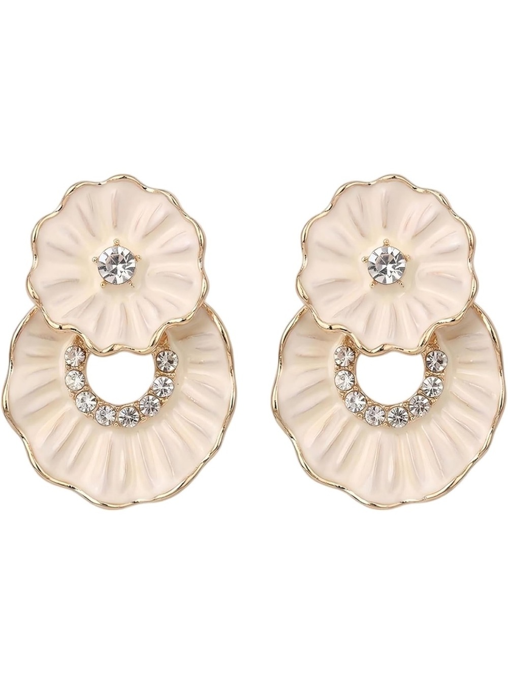 Anthropologie Cream Enamel Floral Crystal Hoop Earrings